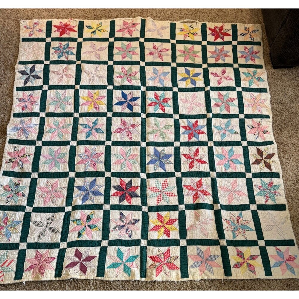 Vtg Handquilted 8 Point Star Scrap Quilt Green White Block 69"x 72" Cottagecore